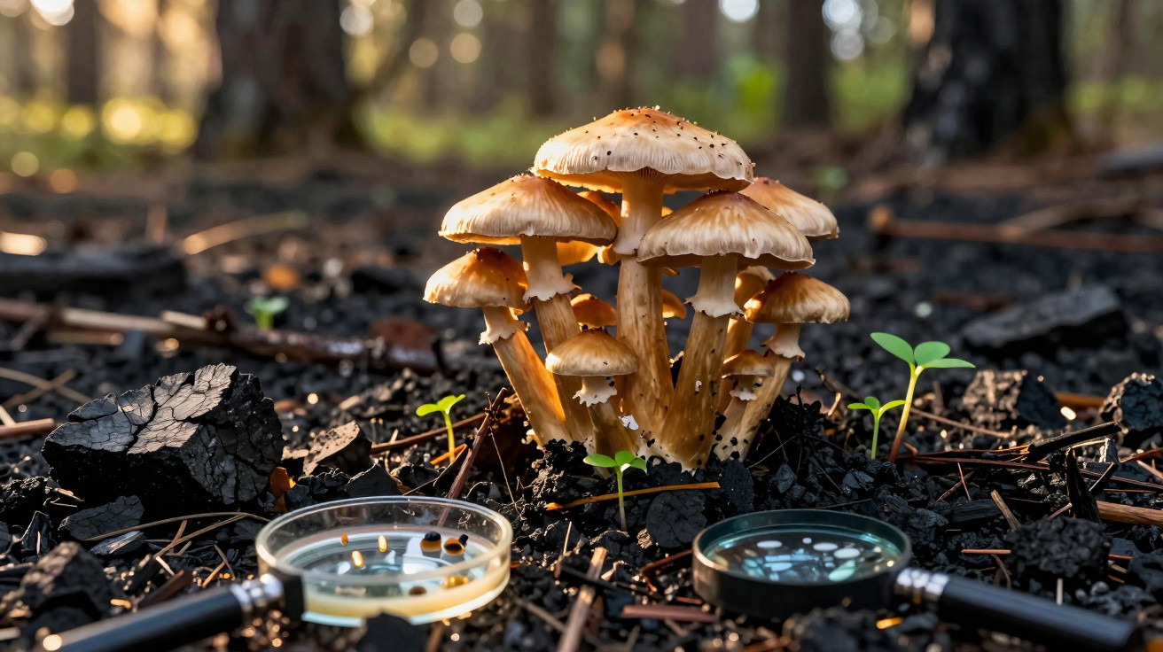 Cogumelos castanhos a crescer no solo da floresta com duas lupas próximas e árvores desfocadas ao fundo.