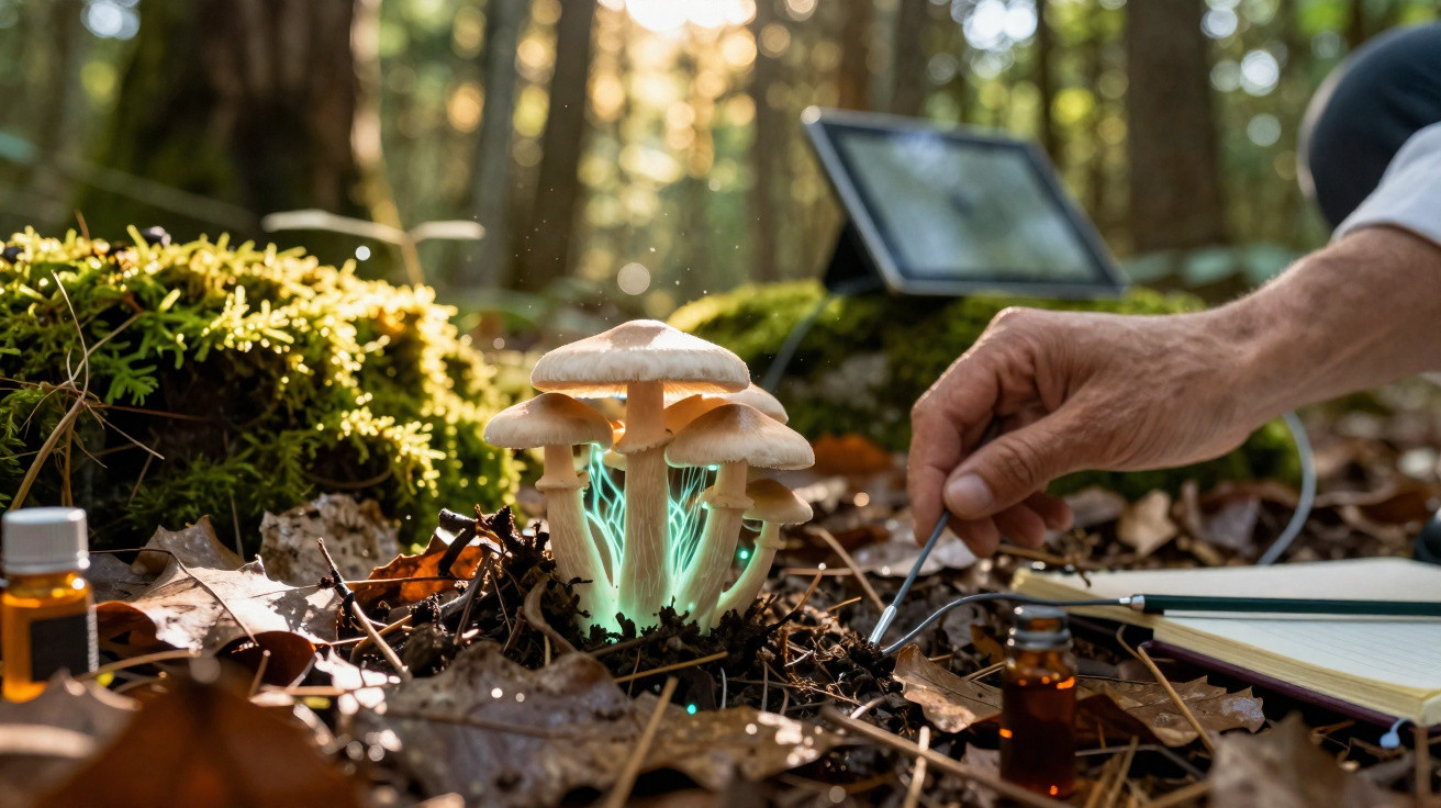 Mão a colher cogumelos luminosos no solo da floresta com equipamentos de pesquisa ao redor.