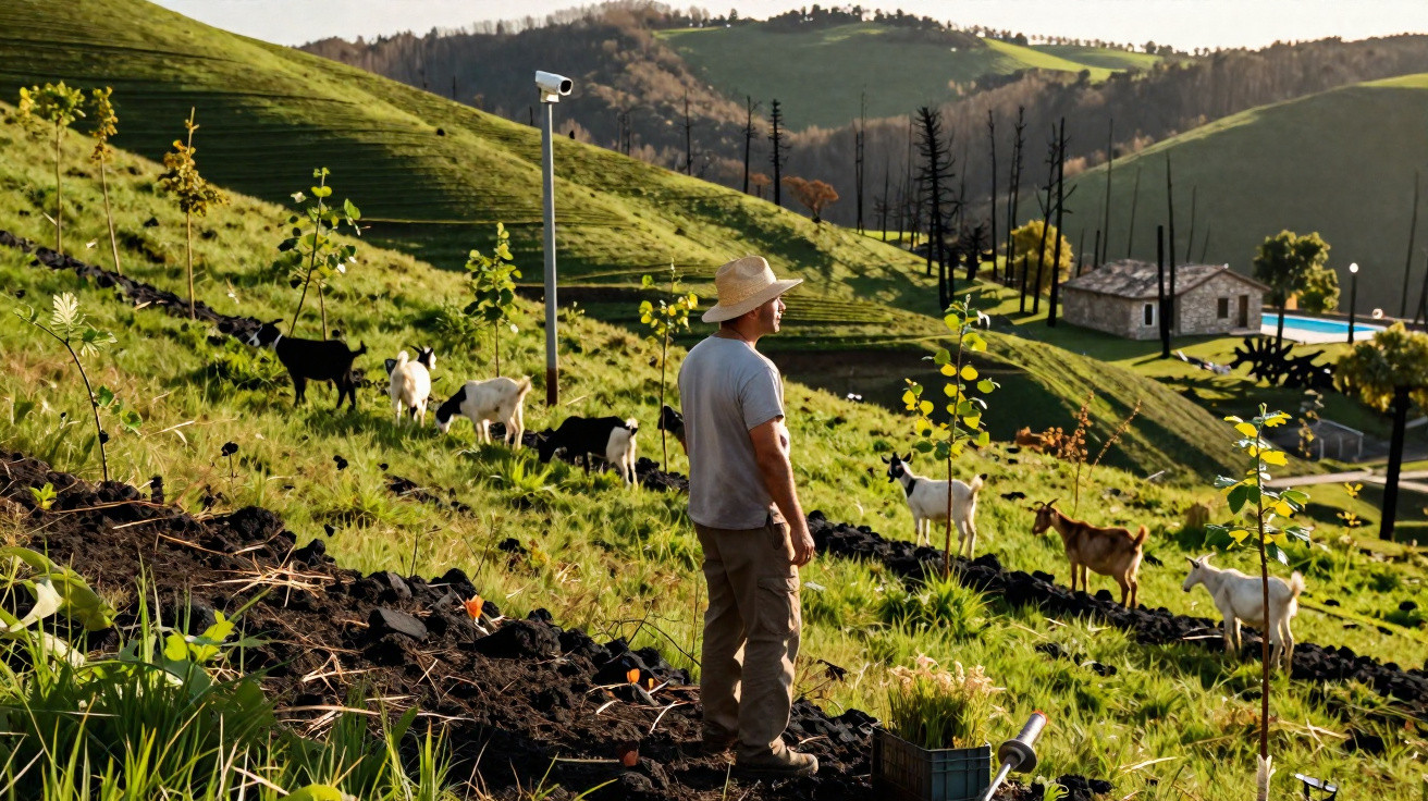 Homem com chapéu observa cabras num campo verde em encosta com casa e piscina ao fundo.