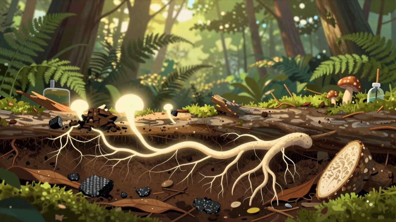 Ilustração do solo da floresta com raízes, cogumelos luminosos e vegetação em ambiente pacífico e natural.