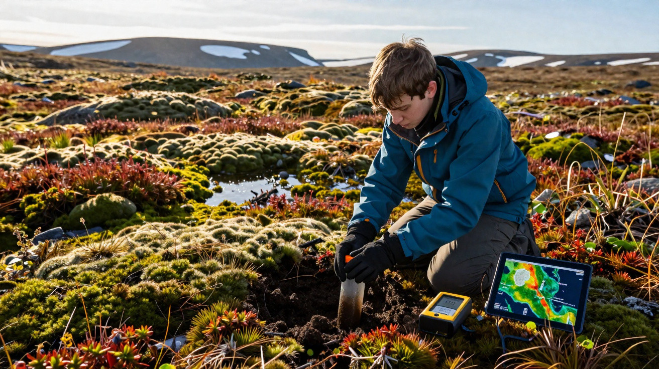 Jovem cientista coleta amostra de solo numa paisagem fria com musgo e neve ao fundo.