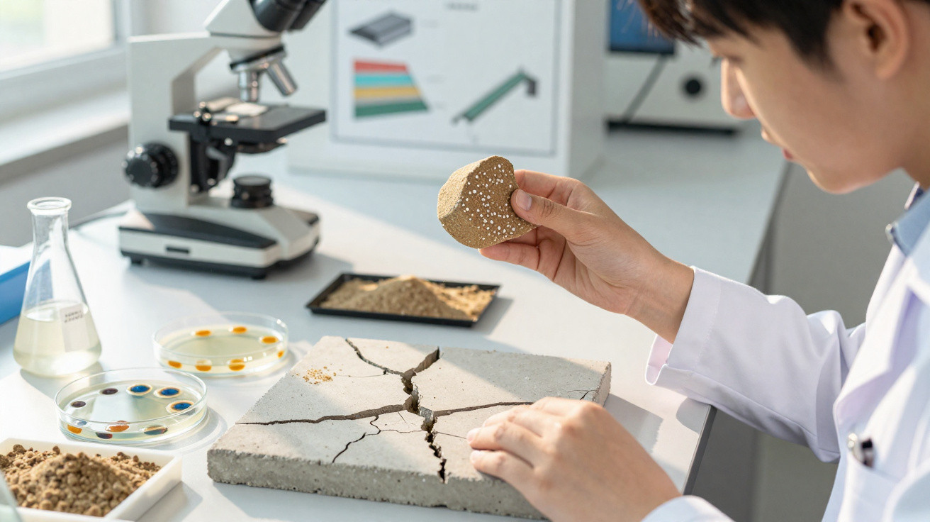 Investigador em laboratório a analisar amostra de solo junto a lâmina de cimento rachada.
