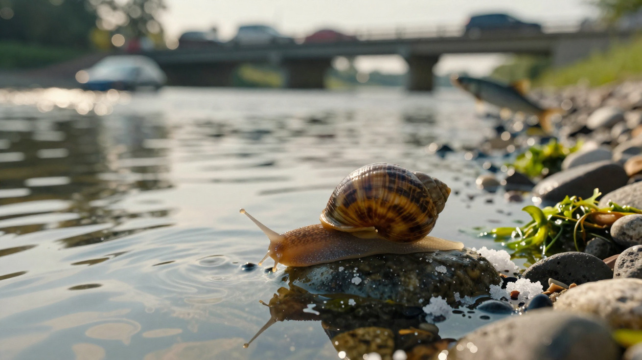 Caracol sobre pedra perto da margem de um rio com ponte e carros ao fundo, ao entardecer.