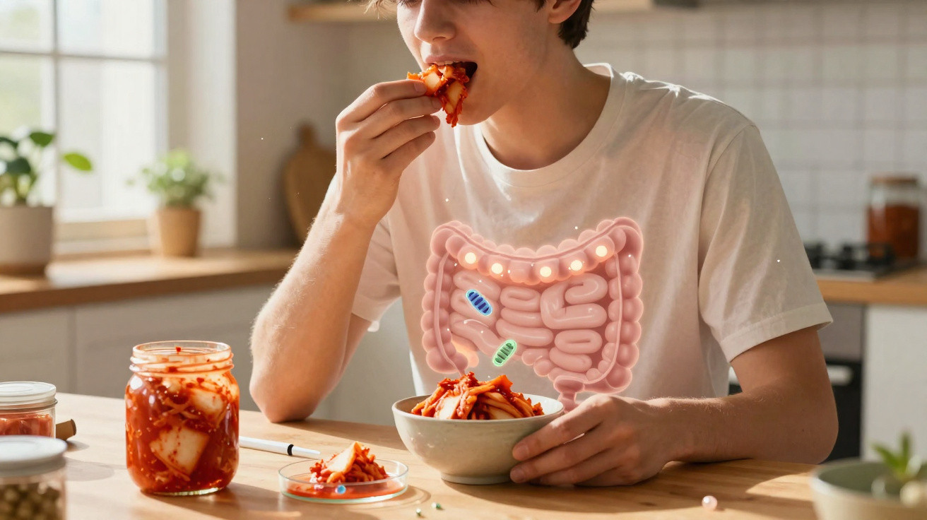 Pessoa a comer alimentos fermentados com ilustração do sistema digestivo e bactérias intestinais visível no peito.