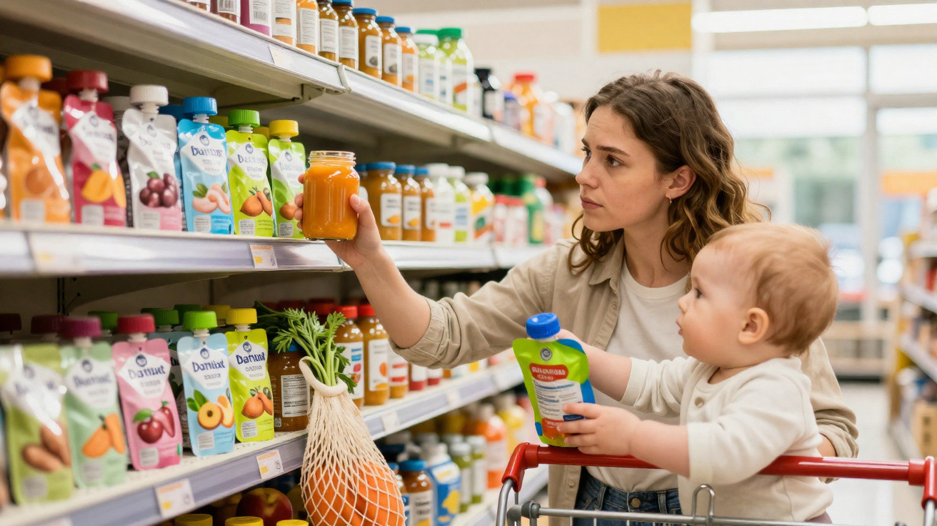 Mulher com bebé no carrinho de compras escolhe puré de fruta em supermercado.
