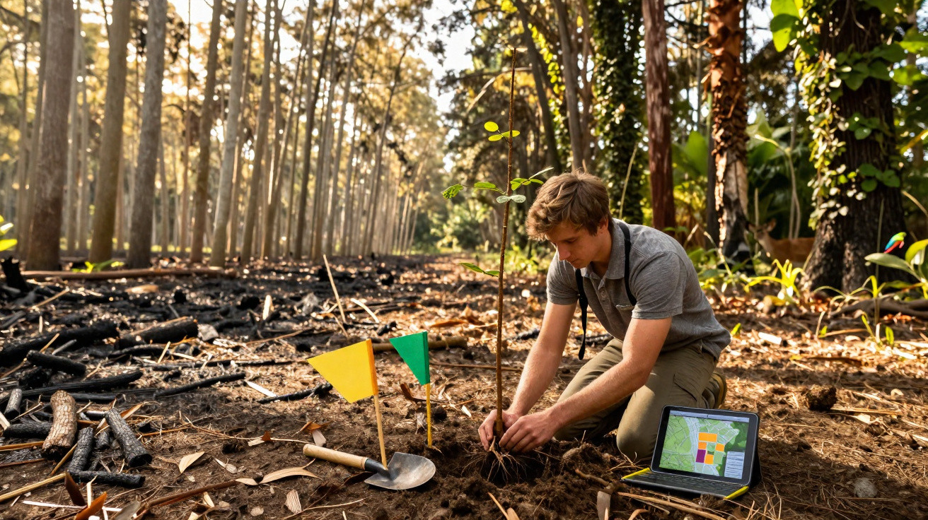 Homem a plantar árvore num solo queimado com tablet e bandeiras coloridas ao lado numa floresta.
