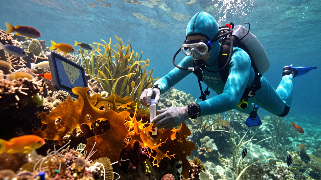 Mergulhador vestido de azul recolhe amostra de coral num recife com peixes coloridos.