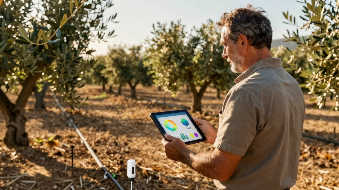 Homem a analisar dados num tablet numa plantação de oliveiras ao ar livre com sensores no solo.