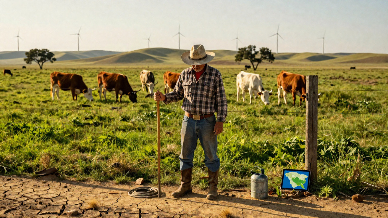 Homem rural com chapéu e roupa xadrez junto a vacas num campo verde com moinhos de vento ao fundo.