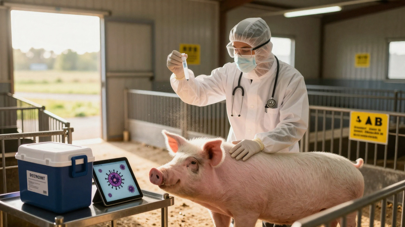 Veterinário com equipamento de proteção a examinar amostra perto de porco numa instalação agrícola.