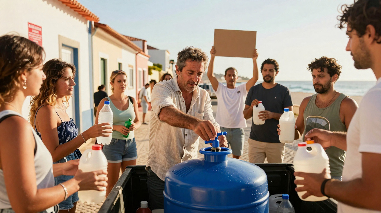 Grupo de pessoas a recolher água num grande recipiente azul na praia ao pôr do sol.