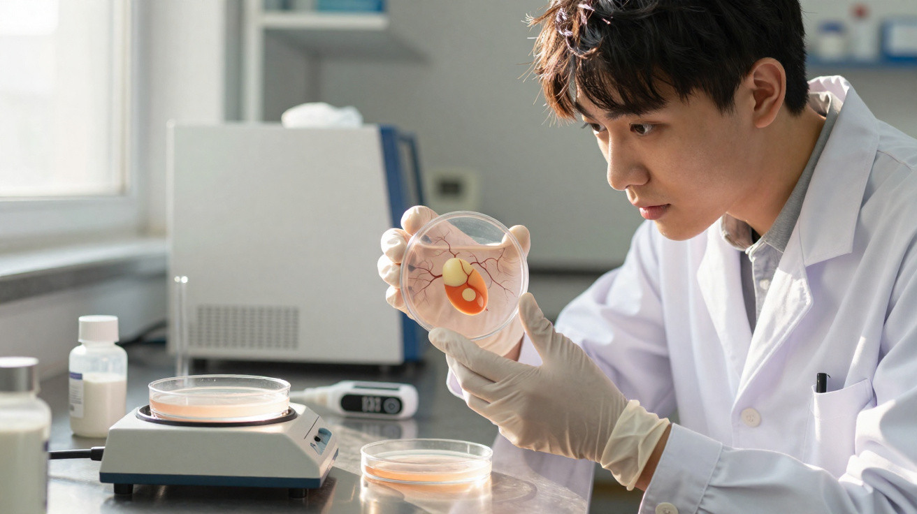 Cientista a examinar uma placa de Petri transparente com cultura em laboratório moderno.