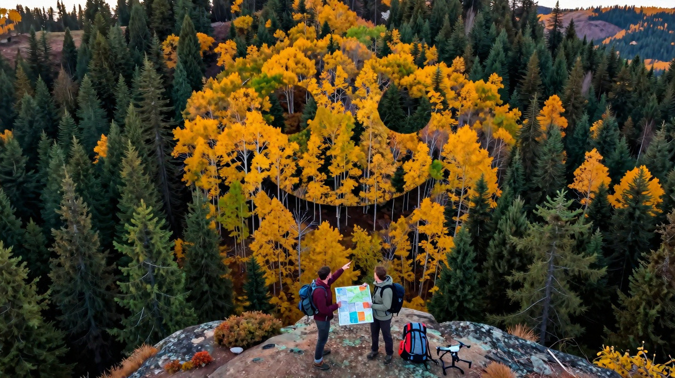 Dois hikers com mapas observam uma floresta com árvores amarelas em forma de smiley entre pinheiros verdes.