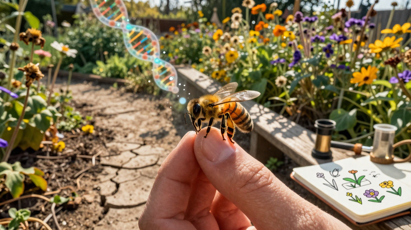 Abelha pousada no dedo de uma mão, em jardim florido, com ilustração de DNA a flutuar próximo.