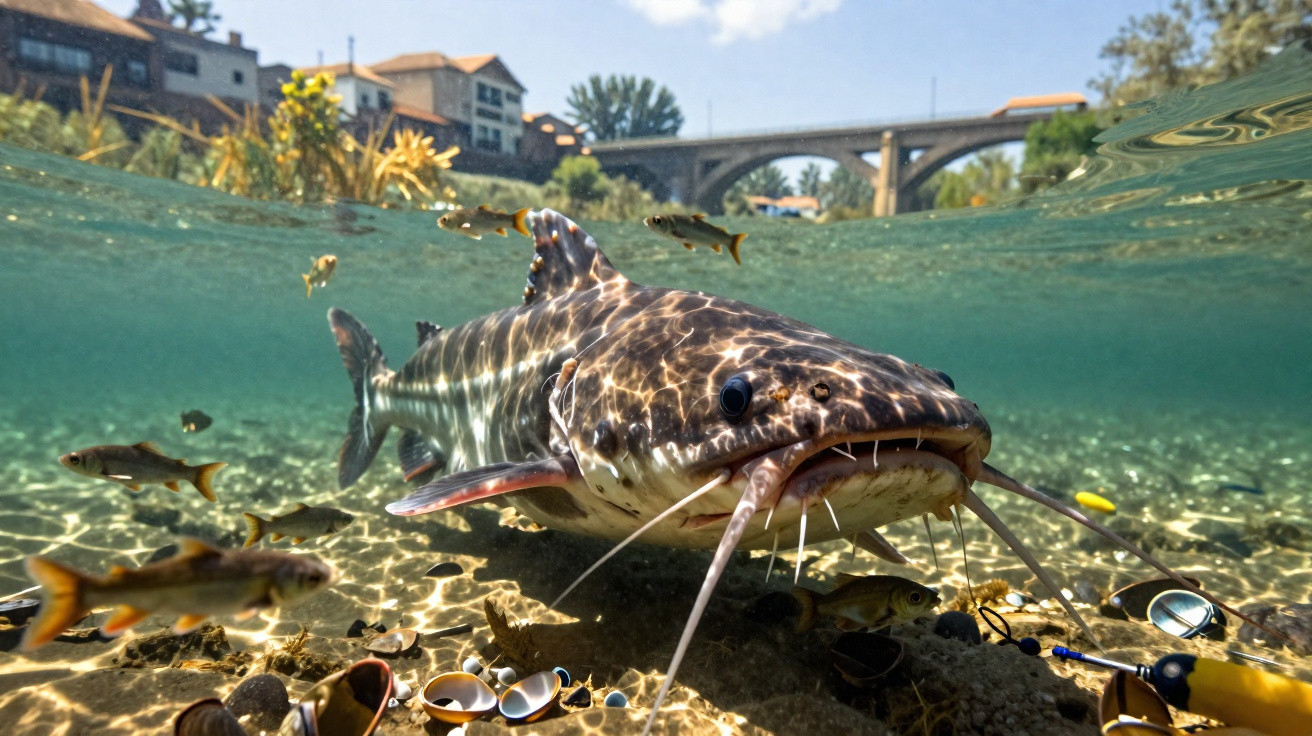 Peixe-gato grande e pequenos peixes nadando no rio com ponte e casas ao fundo, vista meio submersa.