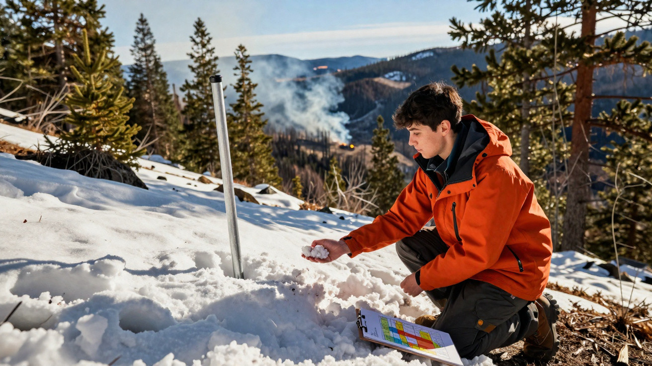 Jovem de casaco laranja analisa amostra de neve numa montanha com floresta e colunas de fumo ao fundo.