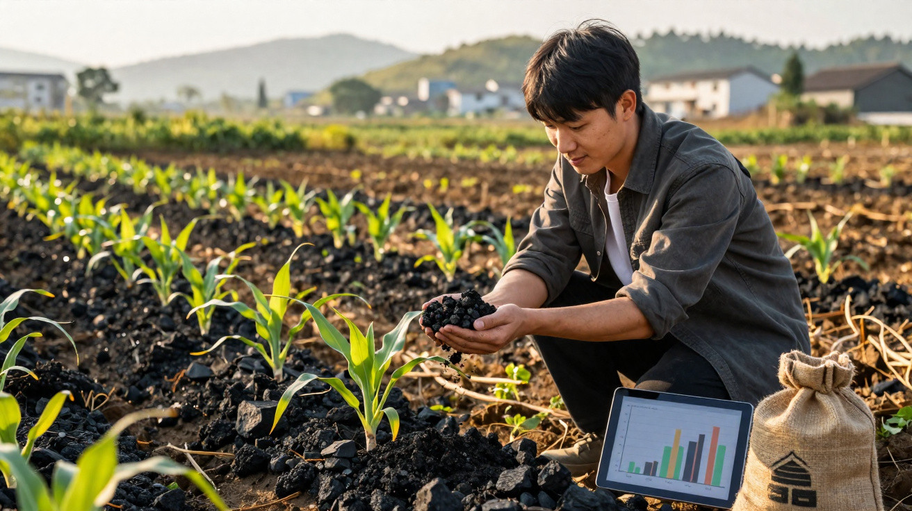 Homem agricultor examina terra fértil numa plantação de milho jovem com um tablet e saco ao lado.