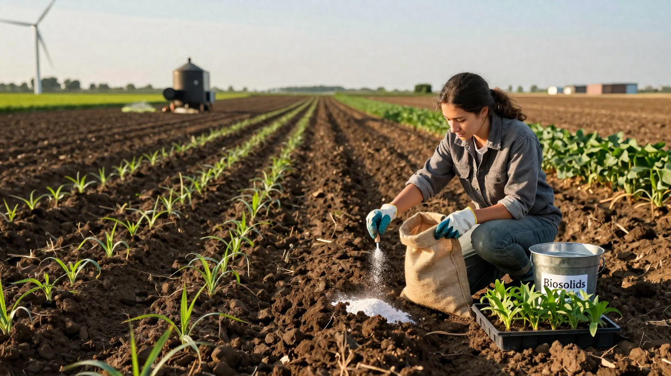 Agricultora a fertilizar planta em campo agrícola vasta com fileiras de plantas em crescimento.