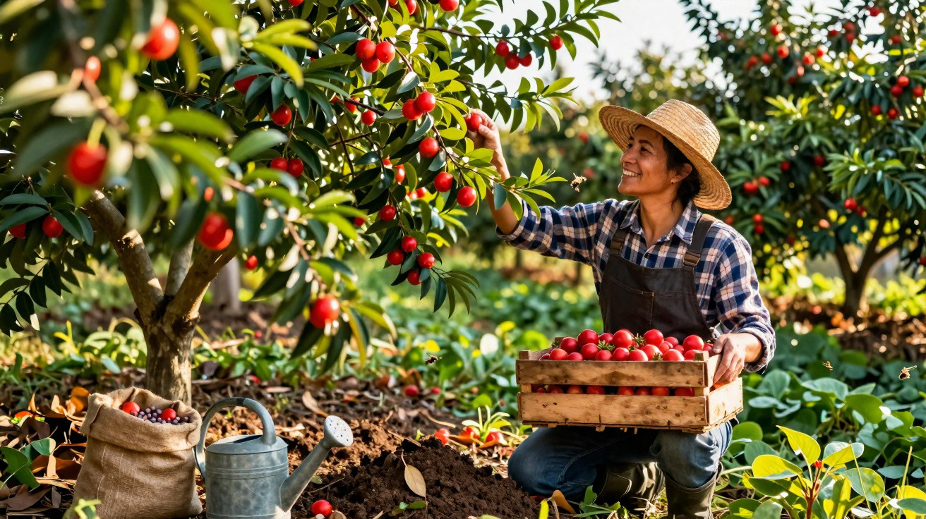 Mulher a colher frutos vermelhos numa árvore, com caixa cheia e regador ao lado, em agricultura.
