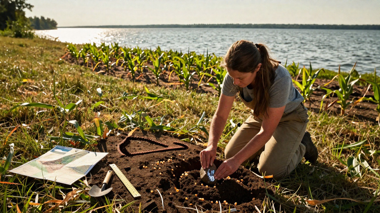Mulher ajoelhada a plantar sementes num campo junto a um lago ao entardecer, com ferramentas no chão.