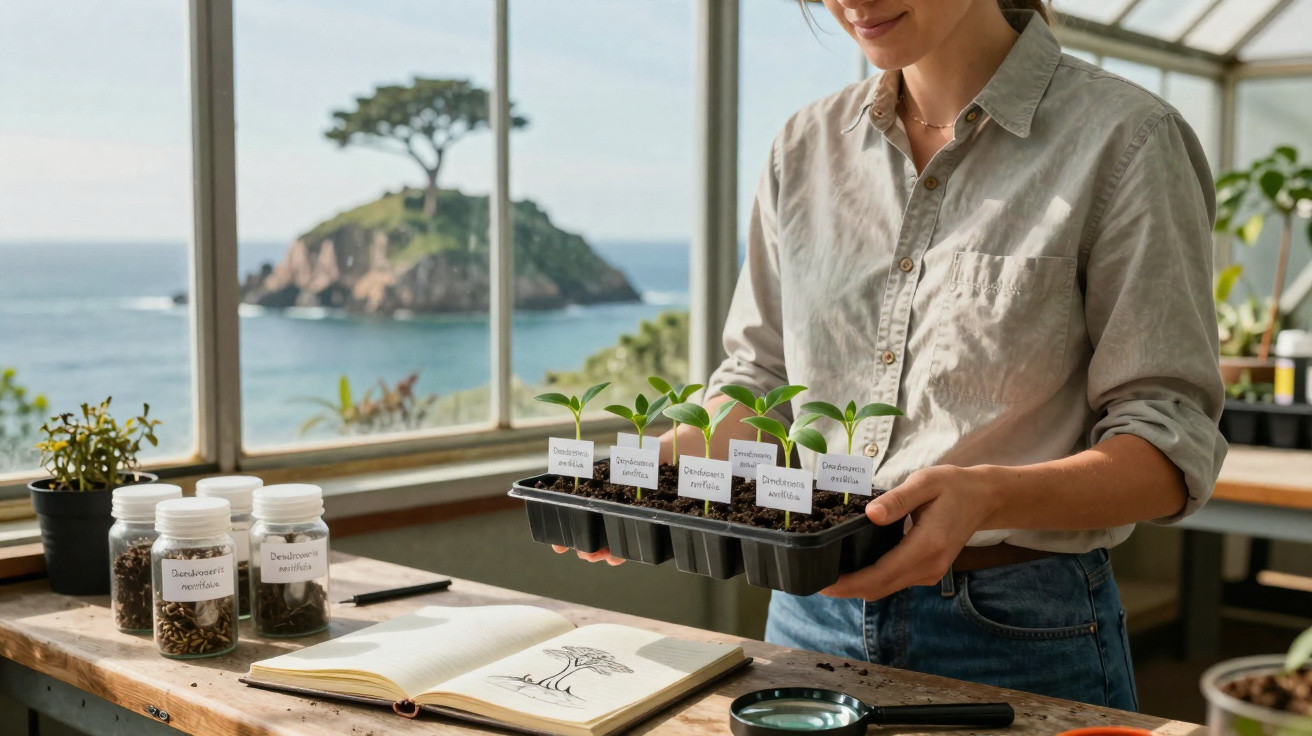 Pessoa com plantas jovens em estufa, junto a frascos de sementes e caderno aberto com desenhos botânicos.