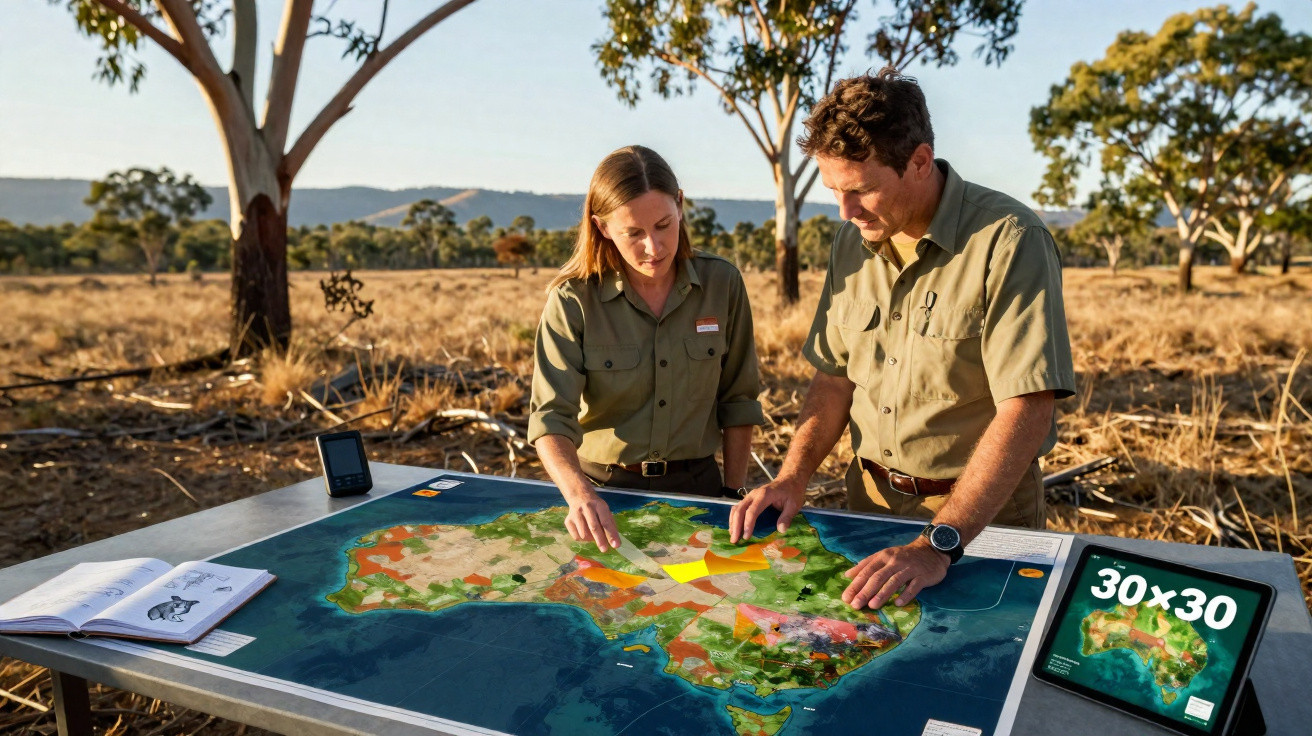Duas pessoas em roupa de campo analisam um mapa grande sobre uma mesa ao ar livre numa área rural.