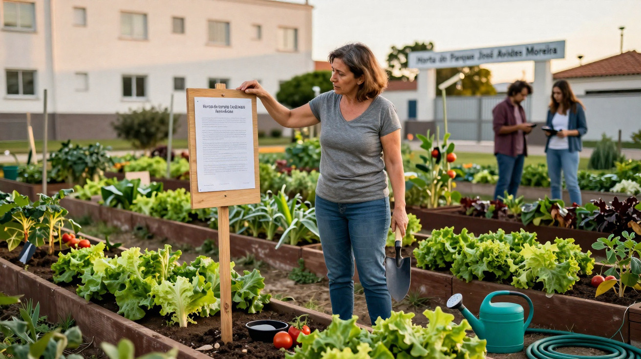Mulher a ler placa informativa numa horta urbana com legumes, segurando enxada e rodeada de plantas.