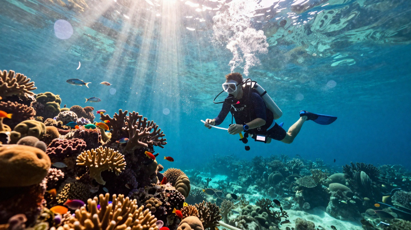 Mergulhador explora recife de coral vibrante com peixes coloridos, luz solar a penetrar na água clara.