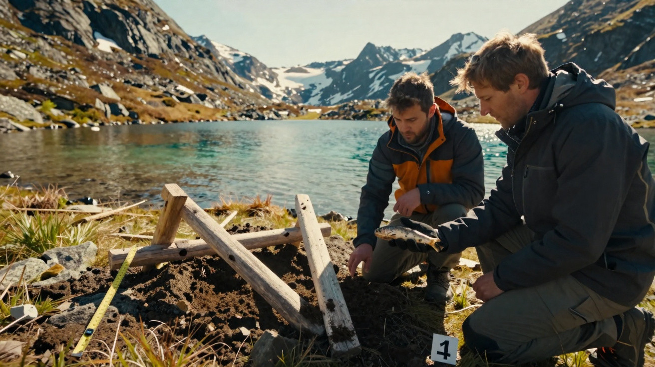 Dois homens investigam uma cena ao ar livre junto a um lago e montanhas nevadas ao fundo.