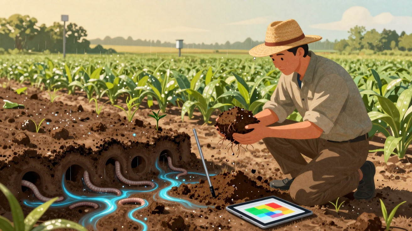 Homem analisa qualidade do solo numa plantação com minhocas e tecnologia digital.