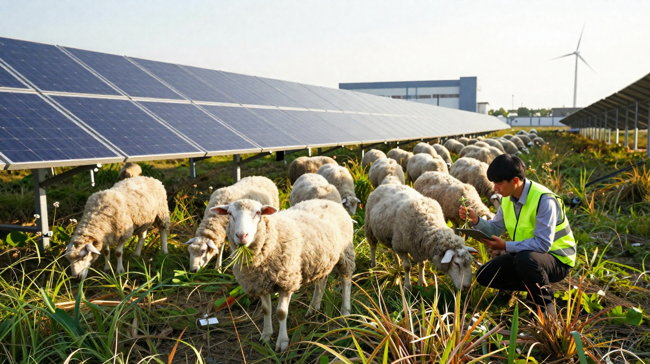 Ovelhas a pastar sob painéis solares com homem de colete refletor a observar e fazer anotações num campo.
