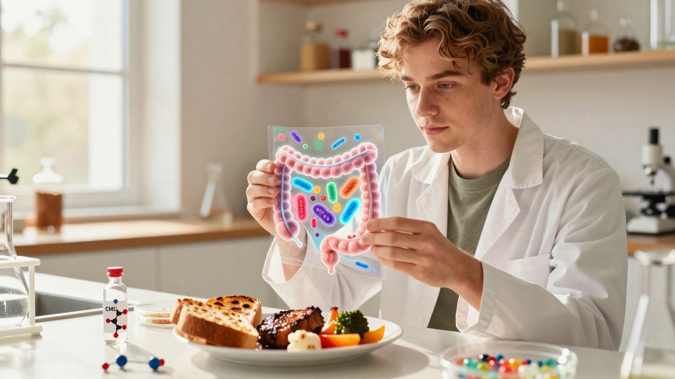 Homem com bata branca analisa representação transparente do intestino com bactérias em laboratório.