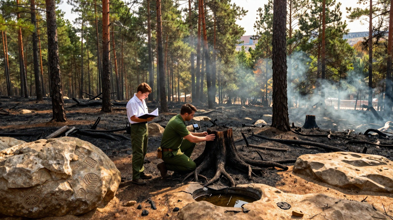Dois homens em uniforme avaliam os danos numa área florestal queimada com árvores e troncos carbonizados.