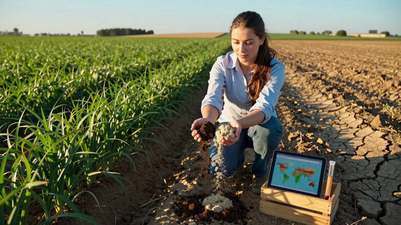 Mulher numa horta limpa e estuda solo com terra, digital e amostras em campo seco e plantações verdes.