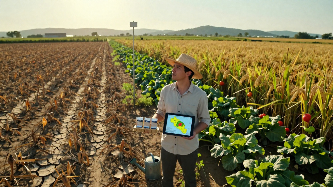 Agricultor com chapéu de palha analisa solo seco e plantações verdes com tablet na mão num campo agrícola amplo.