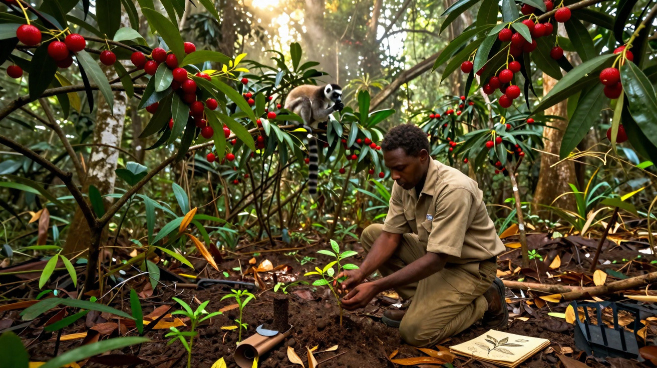 Homem planta árvore na floresta com lémure sentado em ramo carregado de frutos vermelhos ao fundo.