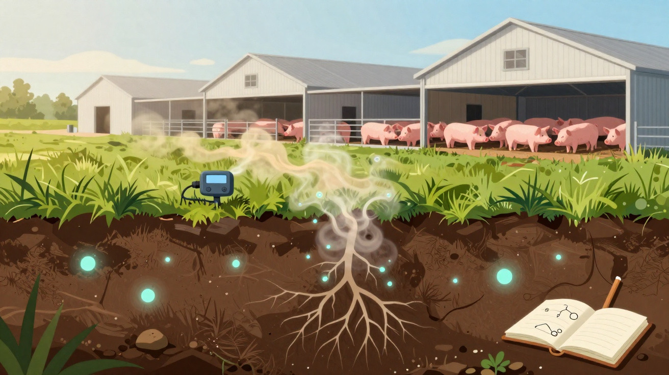 Fazenda com porcos, sensores de solo, raízes visíveis e caderno aberto numa ilustração digital.