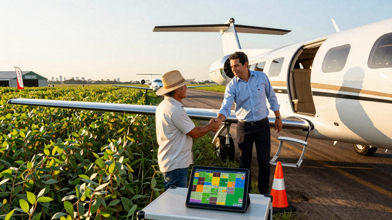 Dois homens apertam as mãos junto a um avião privado numa pista ao lado de uma plantação verde.