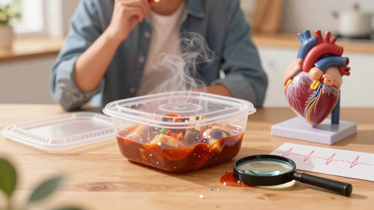 Recipiente plástico com comida quente a fumegar sobre mesa com modelo anatómico de coração e lupa.