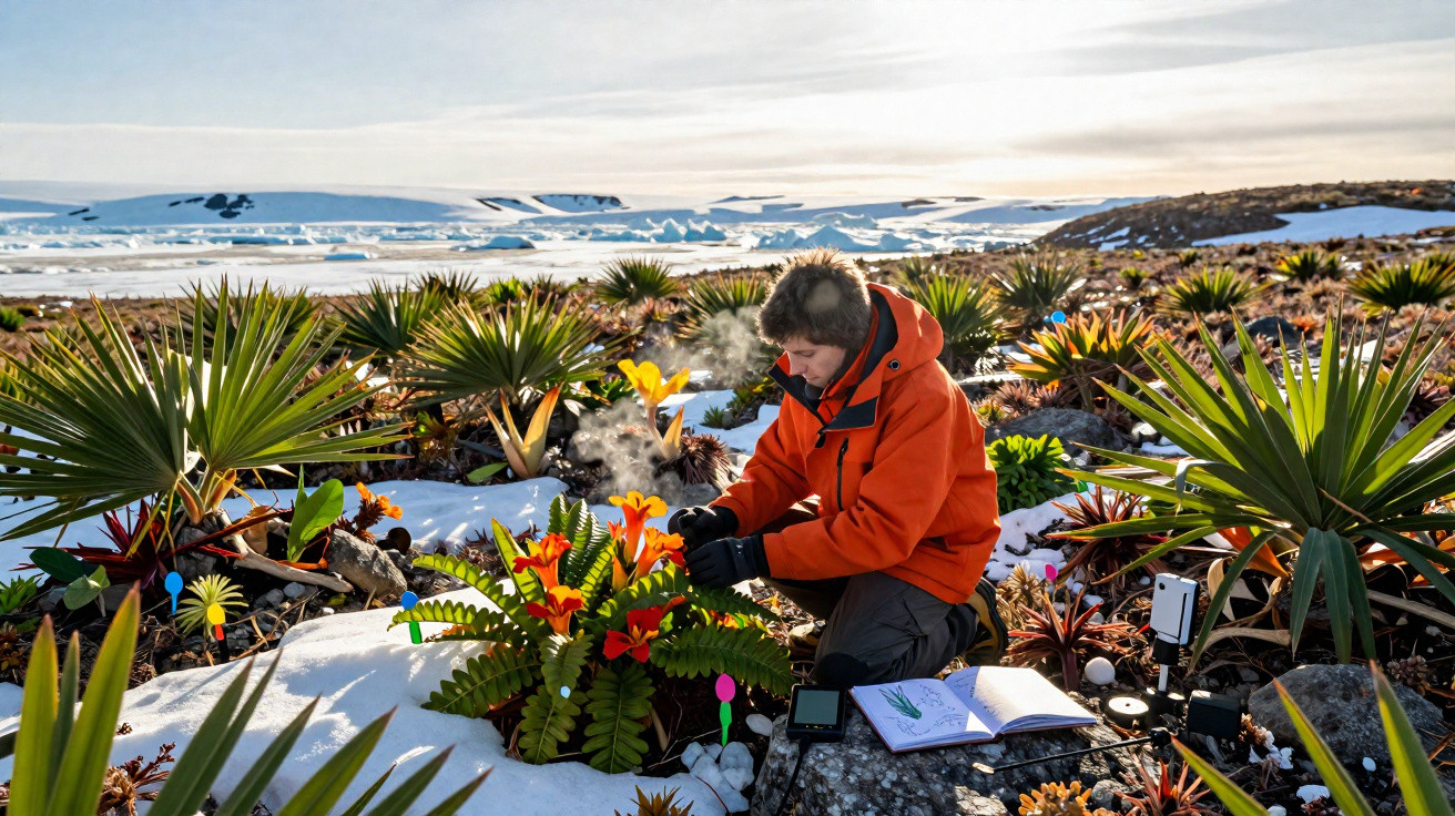 Pessoa com casaco laranja a estudar plantas coloridas na neve, com montanhas geladas ao fundo.
