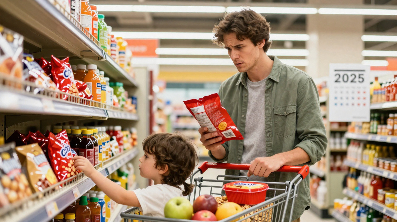 Homem com criança num supermercado, a escolher snacks na prateleira, carrinho com frutas e pão.