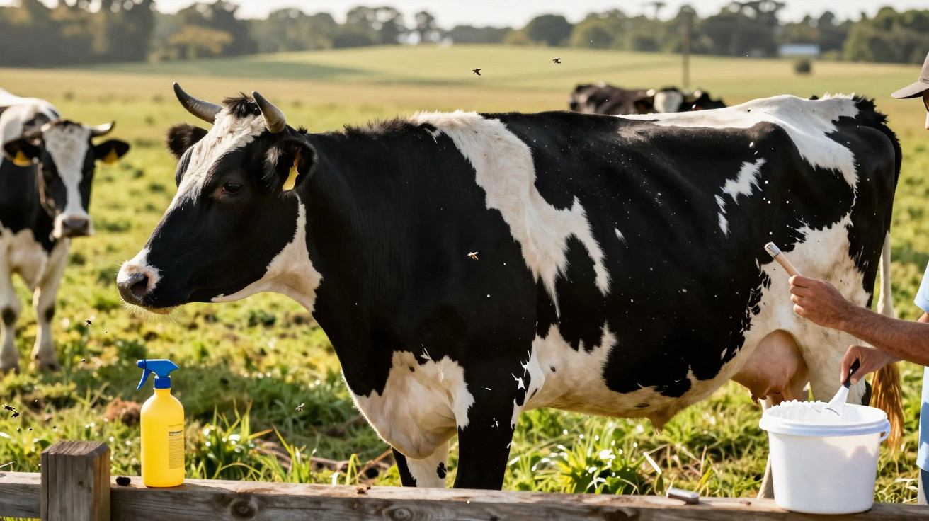 Vaca preta e branca num campo com moscas à volta e pessoa a aplicar spray repelente com pincel.