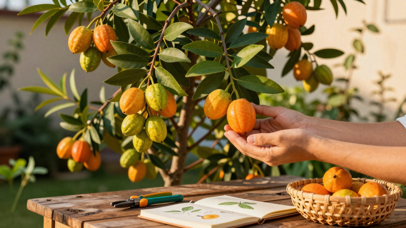 Frutos de maracujá doce em ramos verdes com mãos colhendo e cesto cheio sobre mesa de madeira.