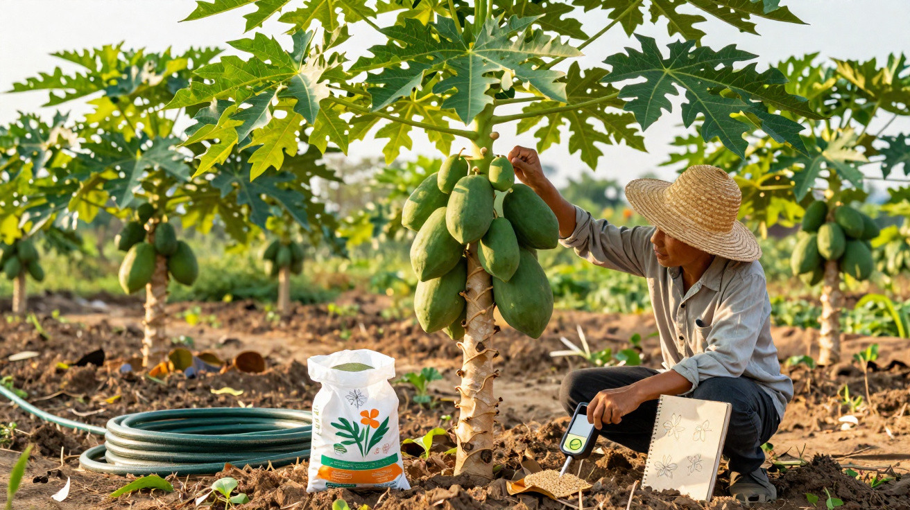 Agricultor com chapéu colhe mamão numa plantação, com saco de fertilizante e mangueira no chão.