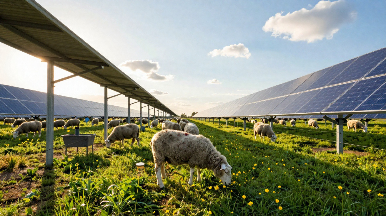 Ovelhas a pastar sob painéis solares num campo verde com céu azul e algumas nuvens.