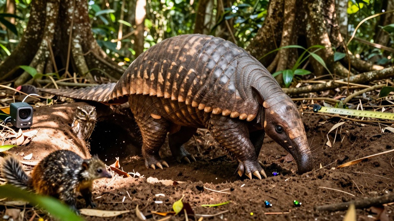Pangolim a explorar o solo da floresta enquanto outros pequenos animais observam ao redor.