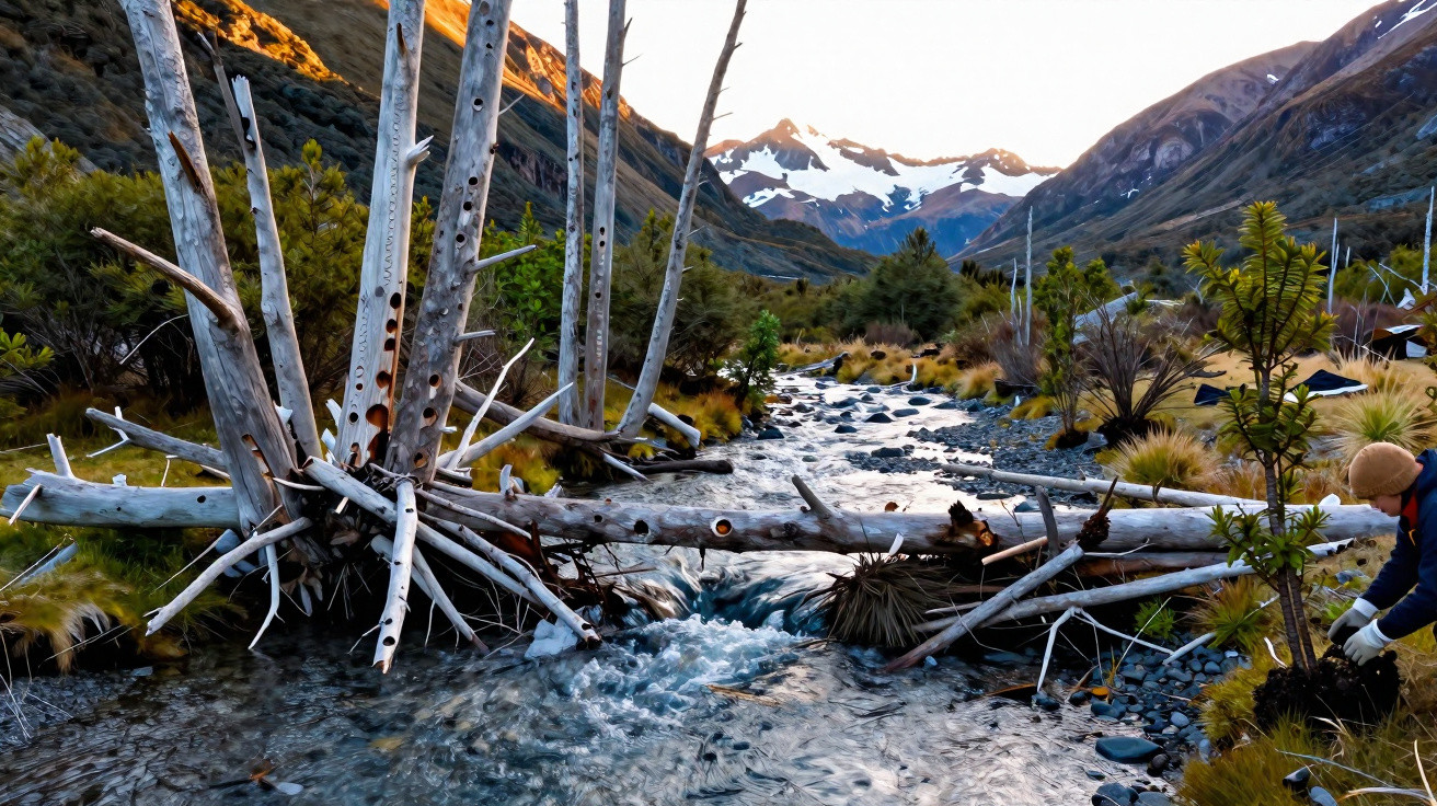 Rio com troncos caídos rodeado de vegetação e montanhas nevadas ao fundo num dia claro.