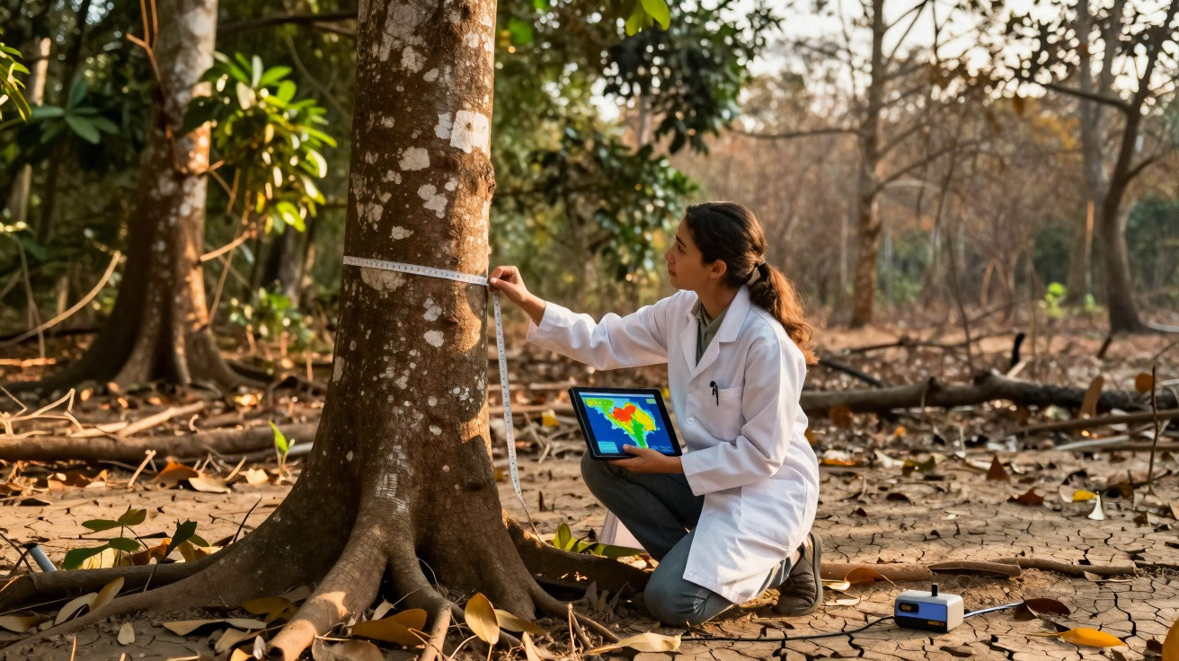 Mulher cientista mede circunferência de tronco de árvore com fita métrica, segurando tablet na floresta.