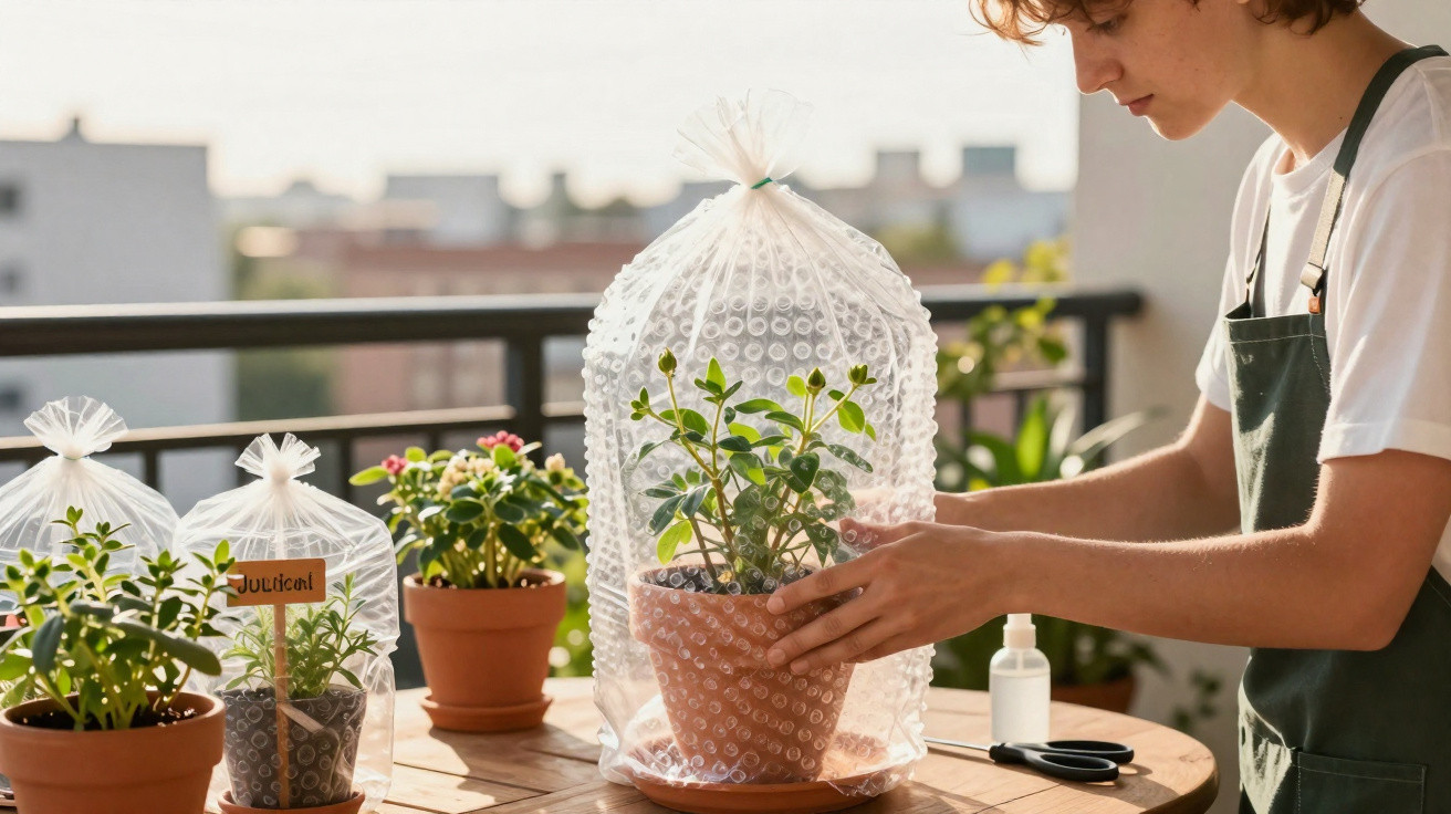 Jovem a proteger plantas em vasos com plástico bolha num terraço ao pôr do sol.