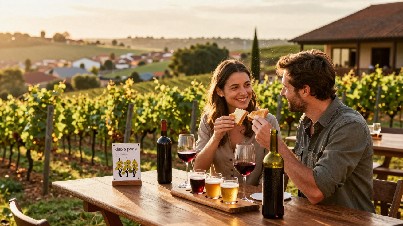 Casal a brindar com vinho e petiscos numa mesa de madeira numa vinha ao pôr do sol.